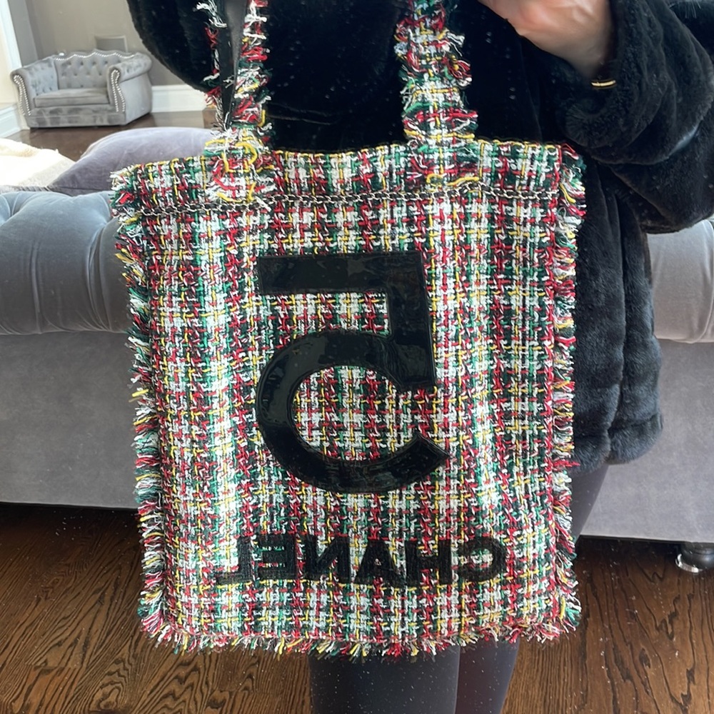 Chanel tweed no 5 tote shopper multi color bag black patent logo shoulder bag - Picture 10 of 10